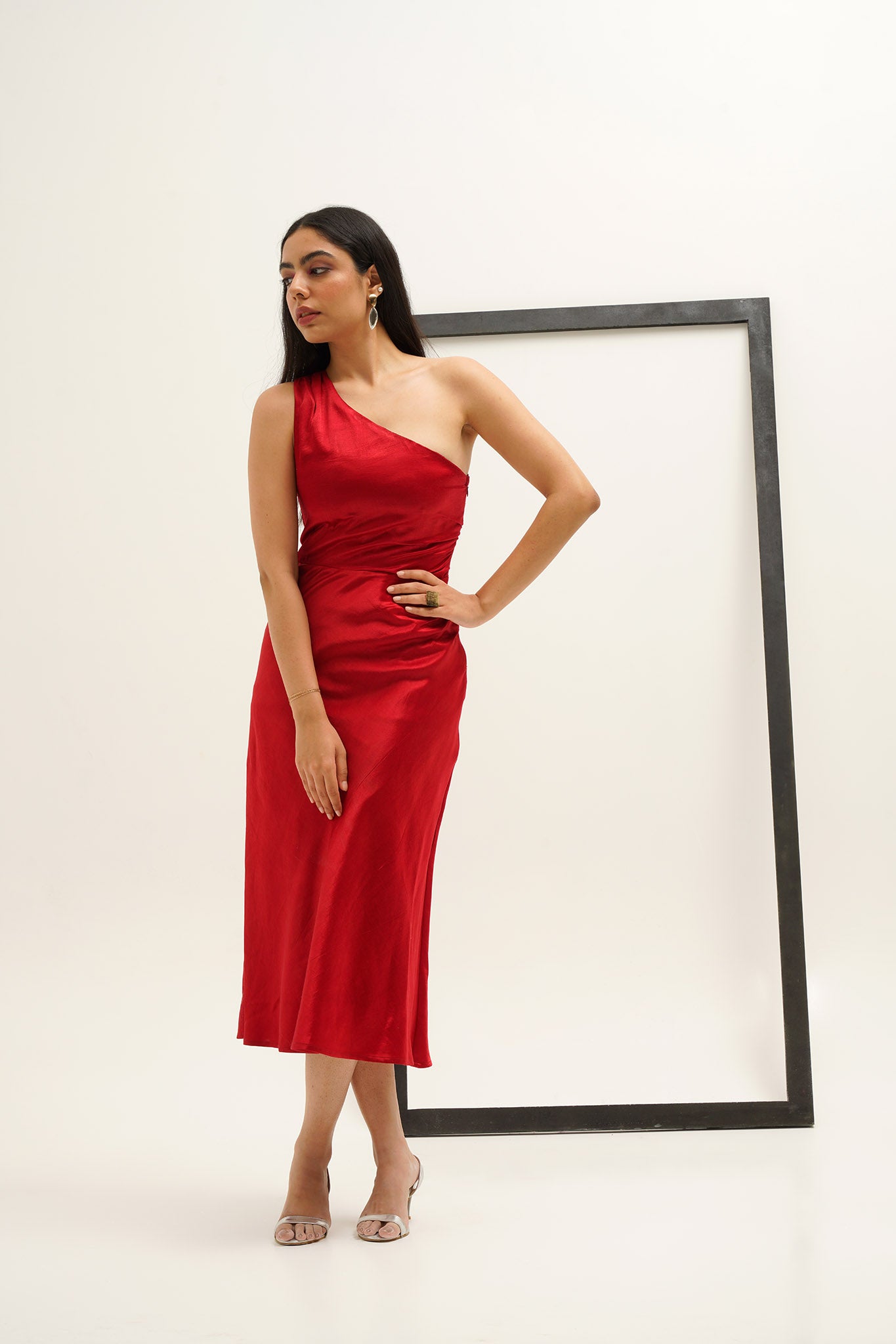 red satin one shoulder dress Fitted One Shoulder Satin Slit Gown by Ladivine B8401