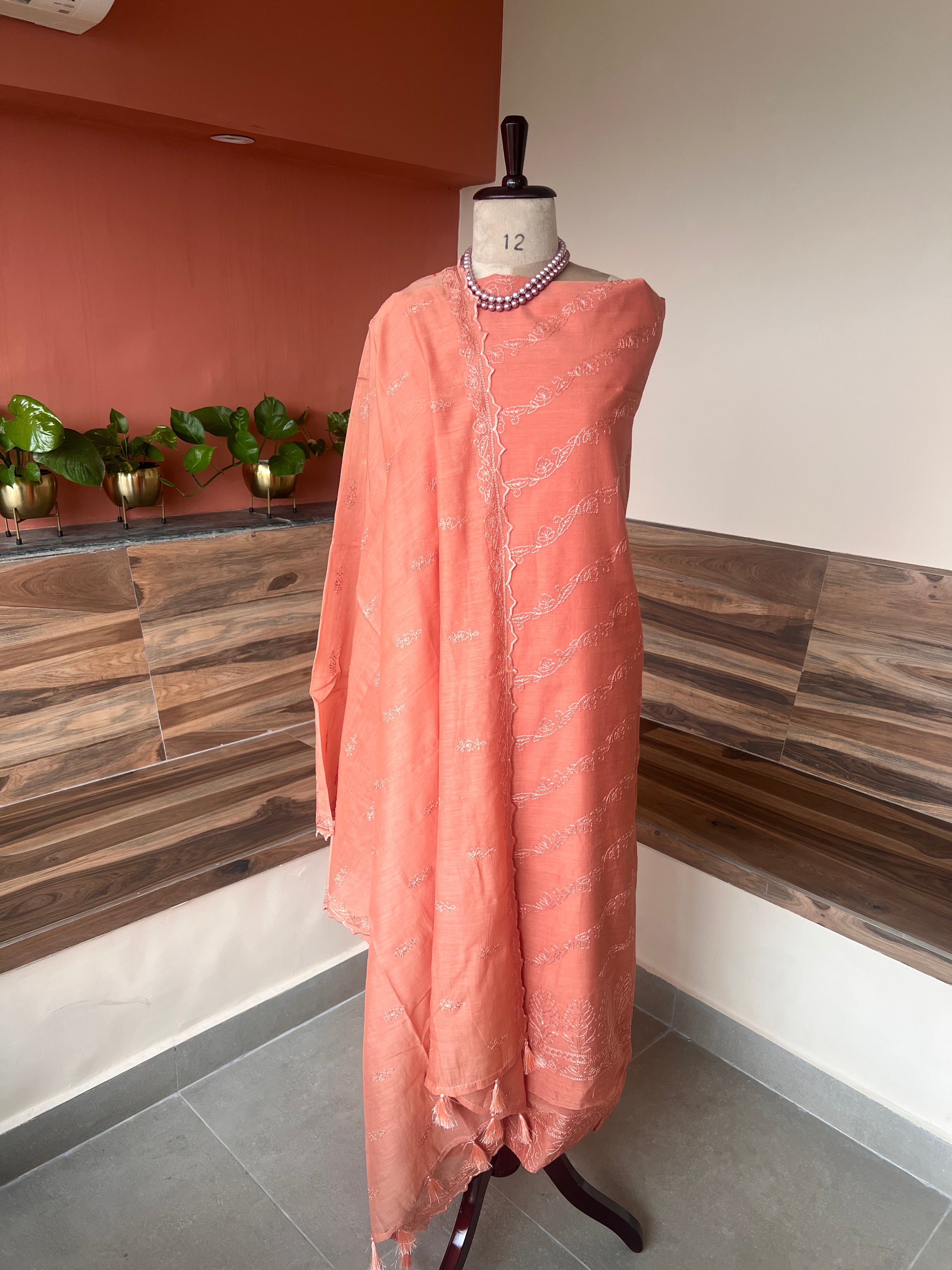Peach Banarsi Mul chikankari 3 piece set