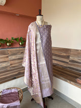 Dusty Mauve Banarsi Silk Floral Zari booty 3 piece suit set