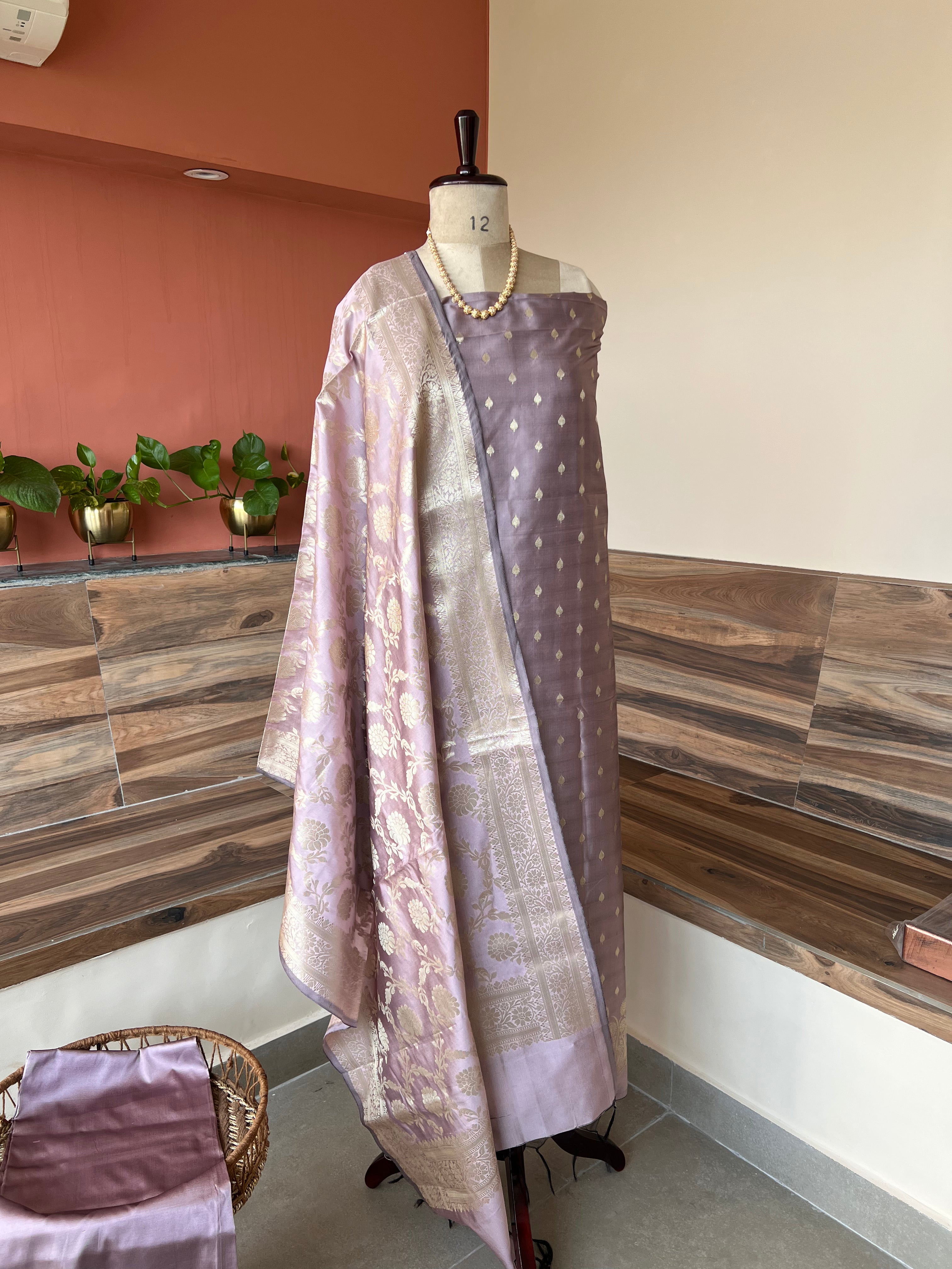 Banarsi Silk Floral Zari booty 3 piece suit set