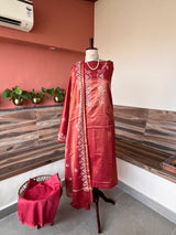 Red Banarsi tissue silk thread embroidery 3 piece suit set