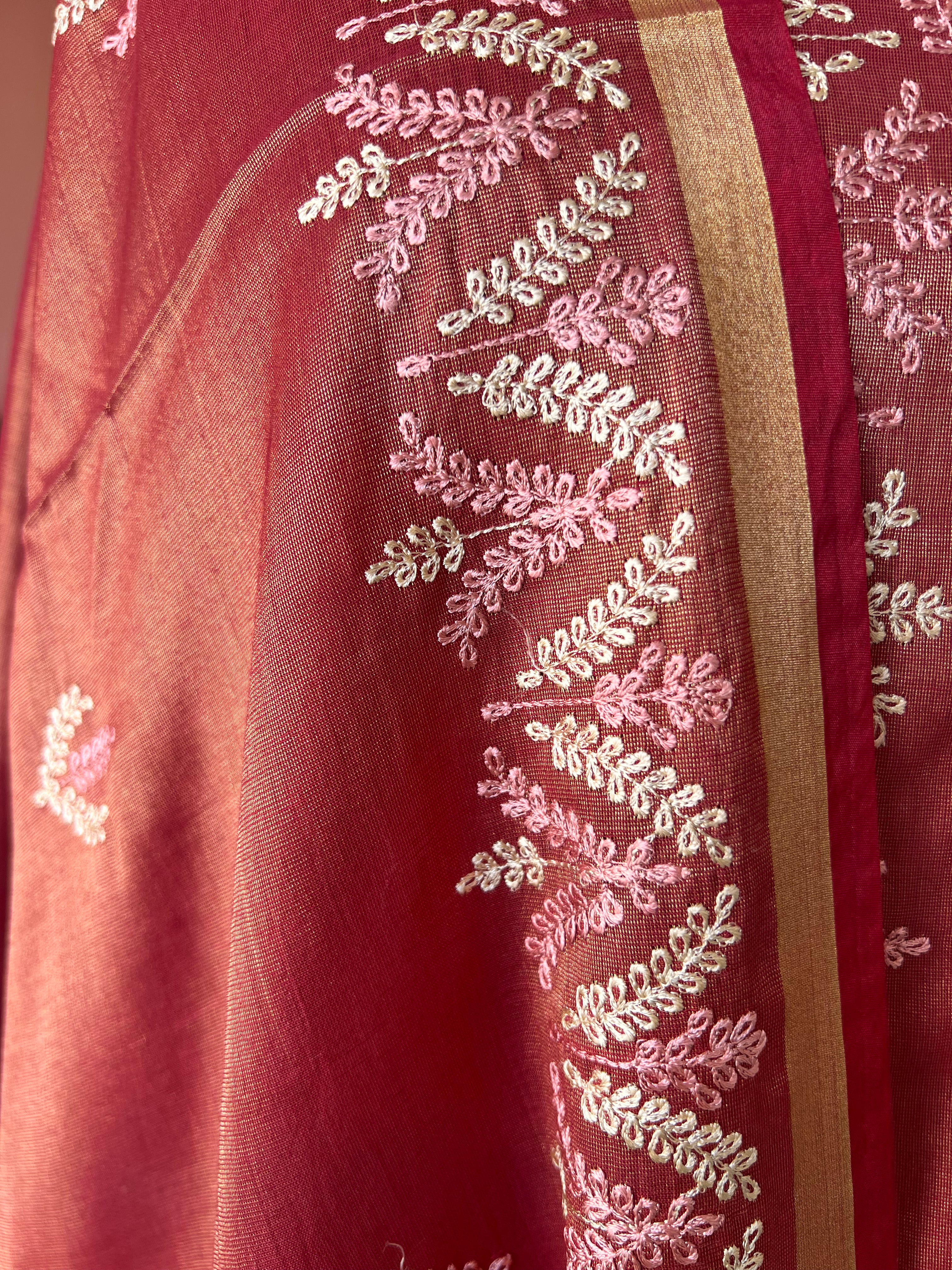 Banarsi tissue silk thread embroidery 3 piece suit set