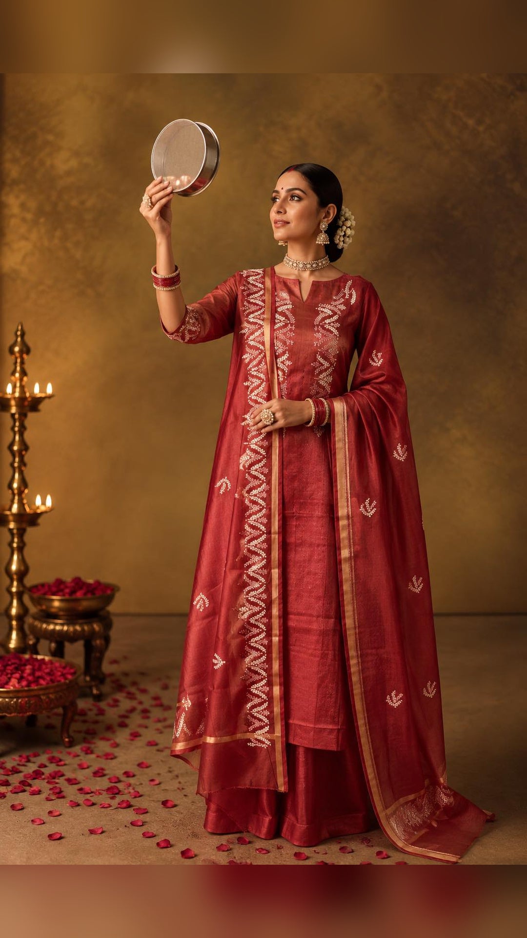 Banarsi tissue silk thread embroidery 3 piece suit set