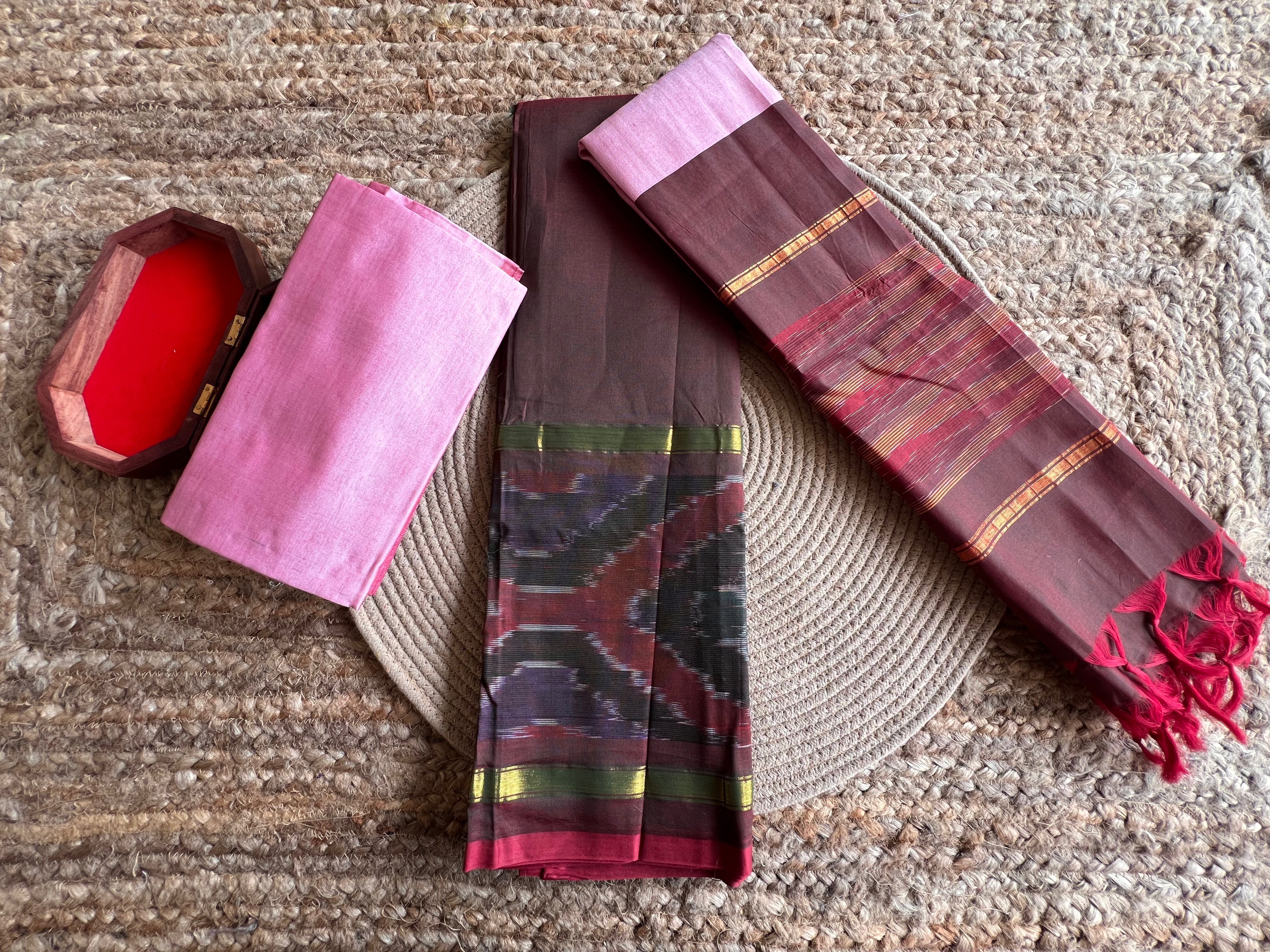 Plum Poochampali ikkat sico 3 piece set