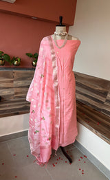 Chanderi zari booti  handpainted tulip 3 piece suit set