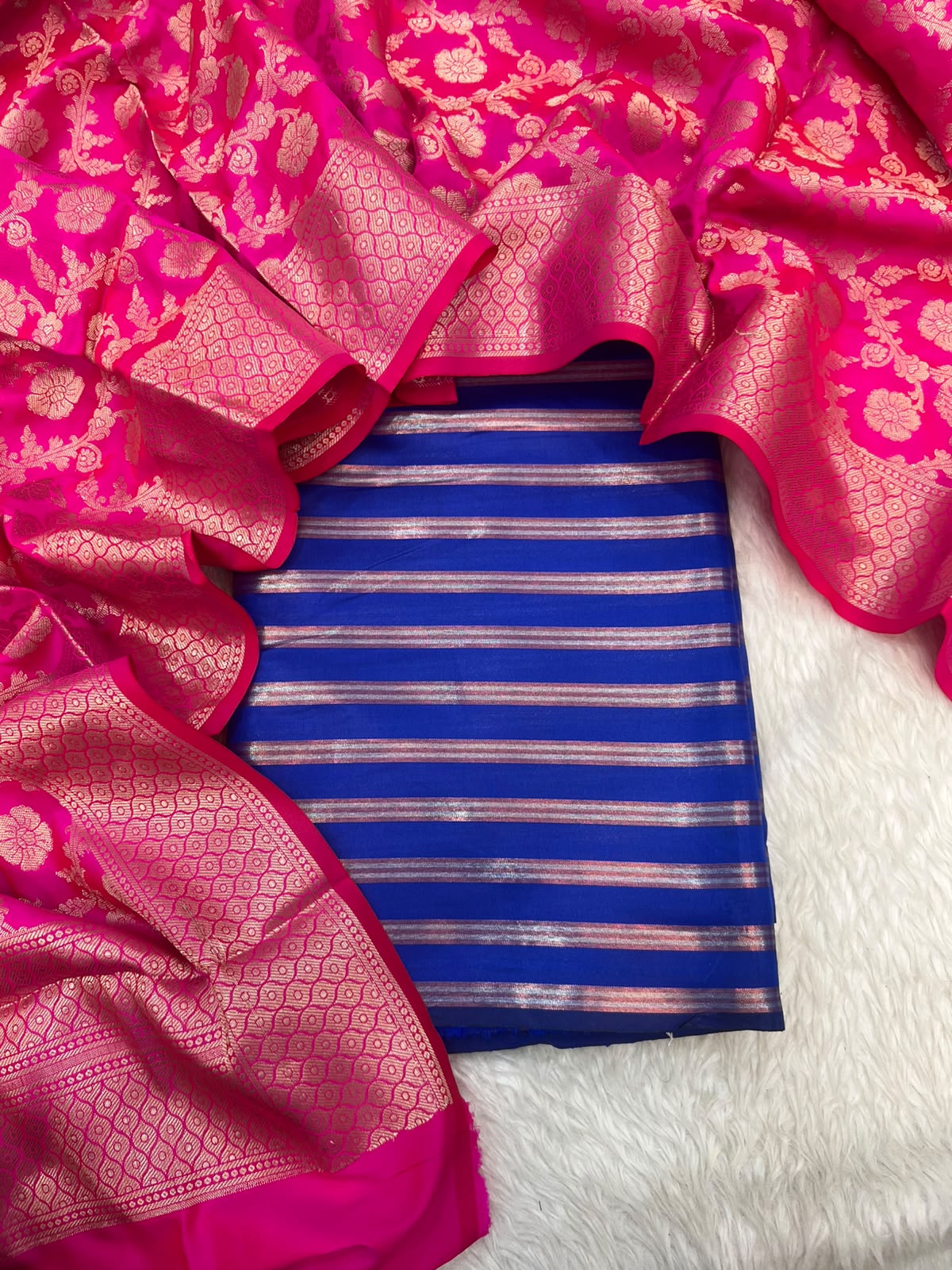 Banarsi Silk woven zari stripe 3 piece suit set