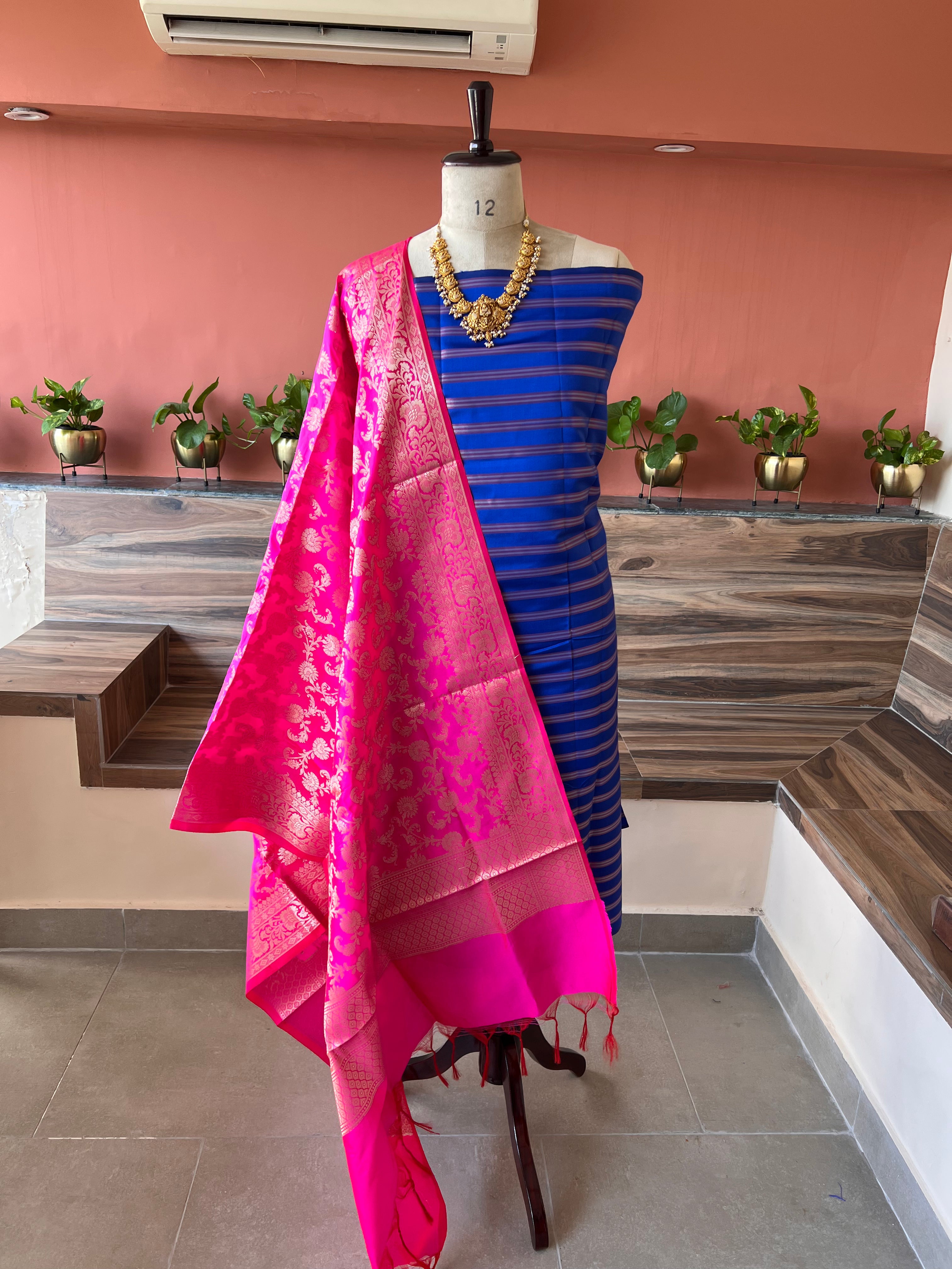 Banarsi Silk woven zari stripe 3 piece suit set