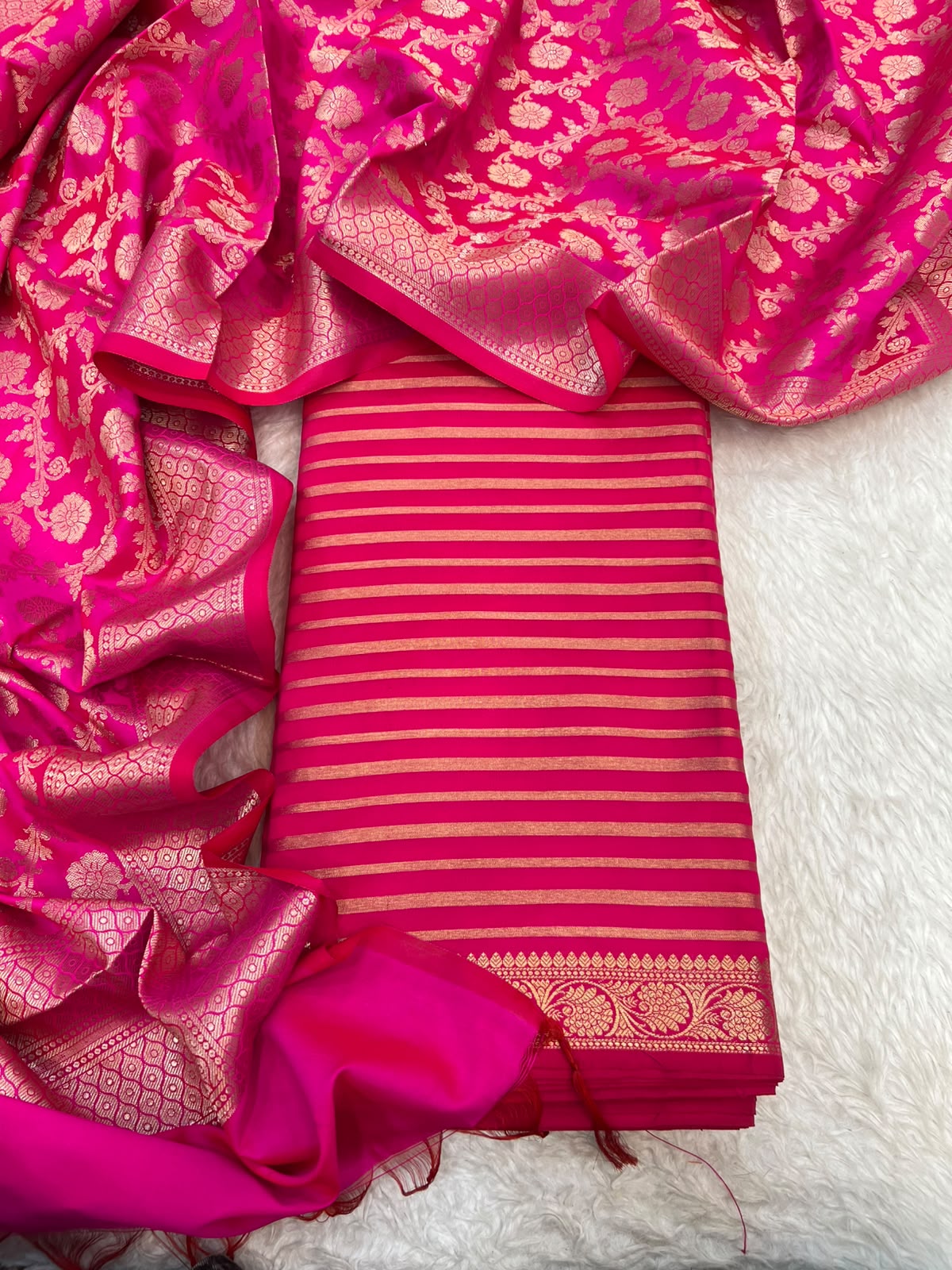 Banarsi Silk woven zari stripe 3 piece suit set