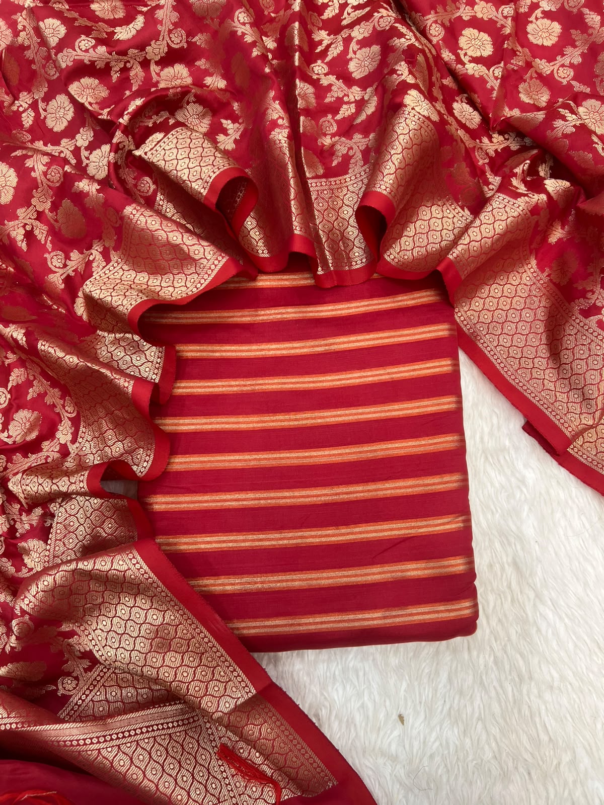 Banarsi Silk woven zari stripe 3 piece suit set