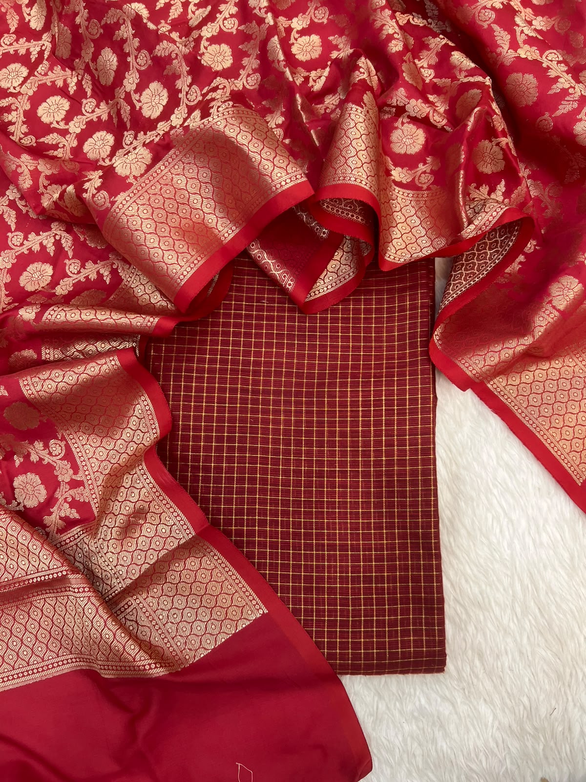 Banarsi Silk woven zari stripe 3 piece suit set