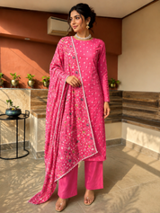 Mul cotton bandhej printed with thread embroidered scallop dupatta