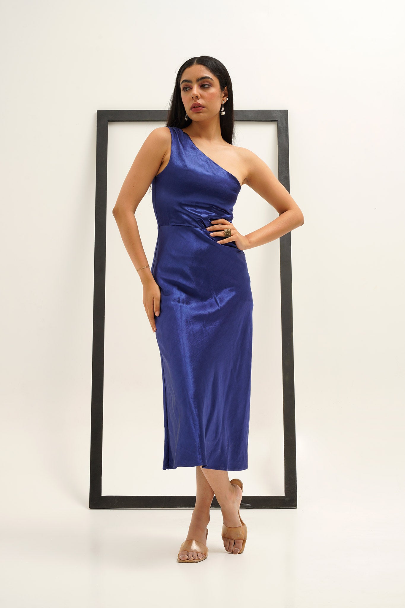 Gaji Silk Navy Blue One Shoulder Dress