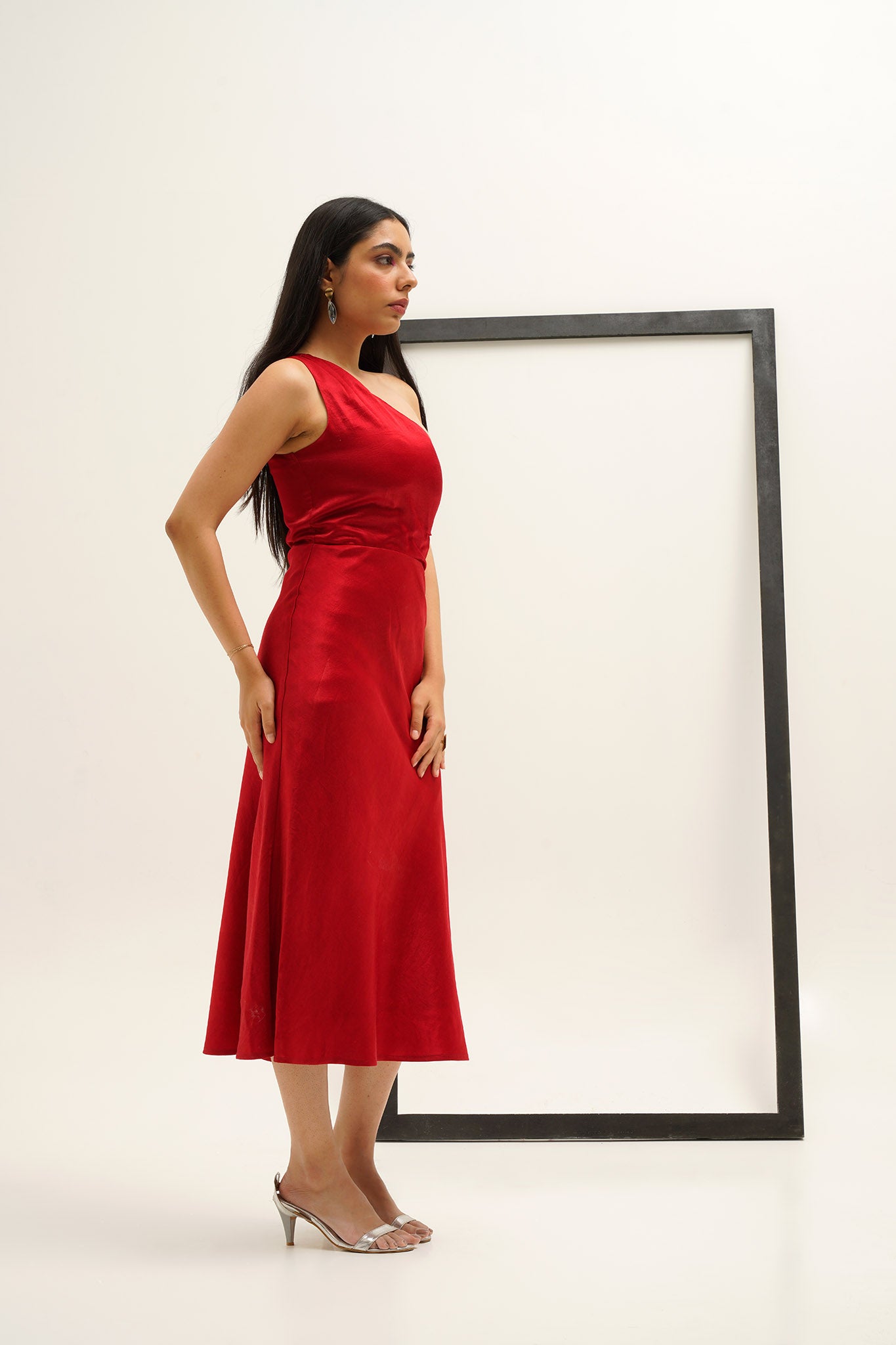 red satin one shoulder dress Gaji Silk Red One Shoulder Dress