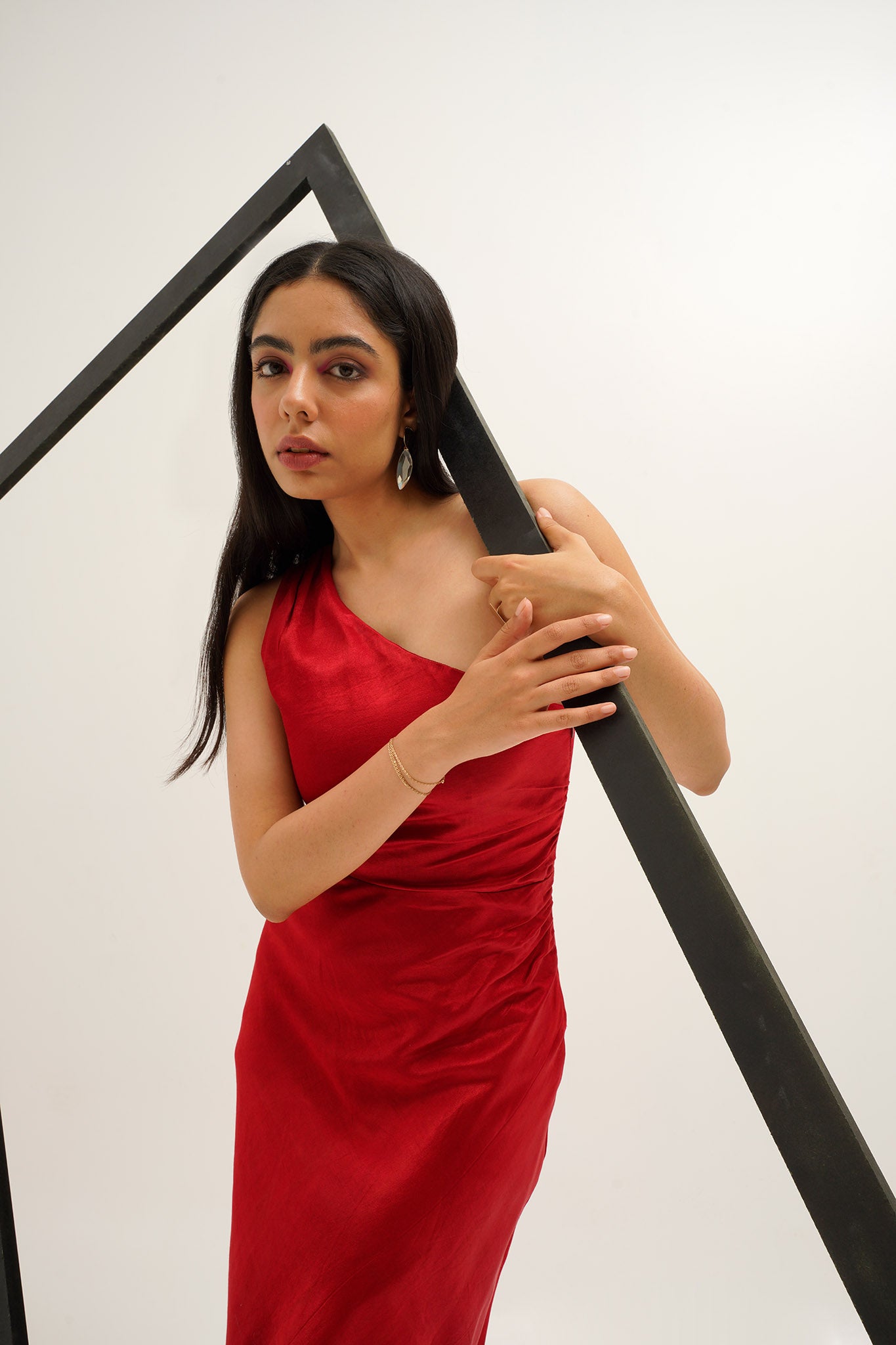 red silk one shoulder dress Ruby Red One Shoulder Satin Midi Dress Red / Medium