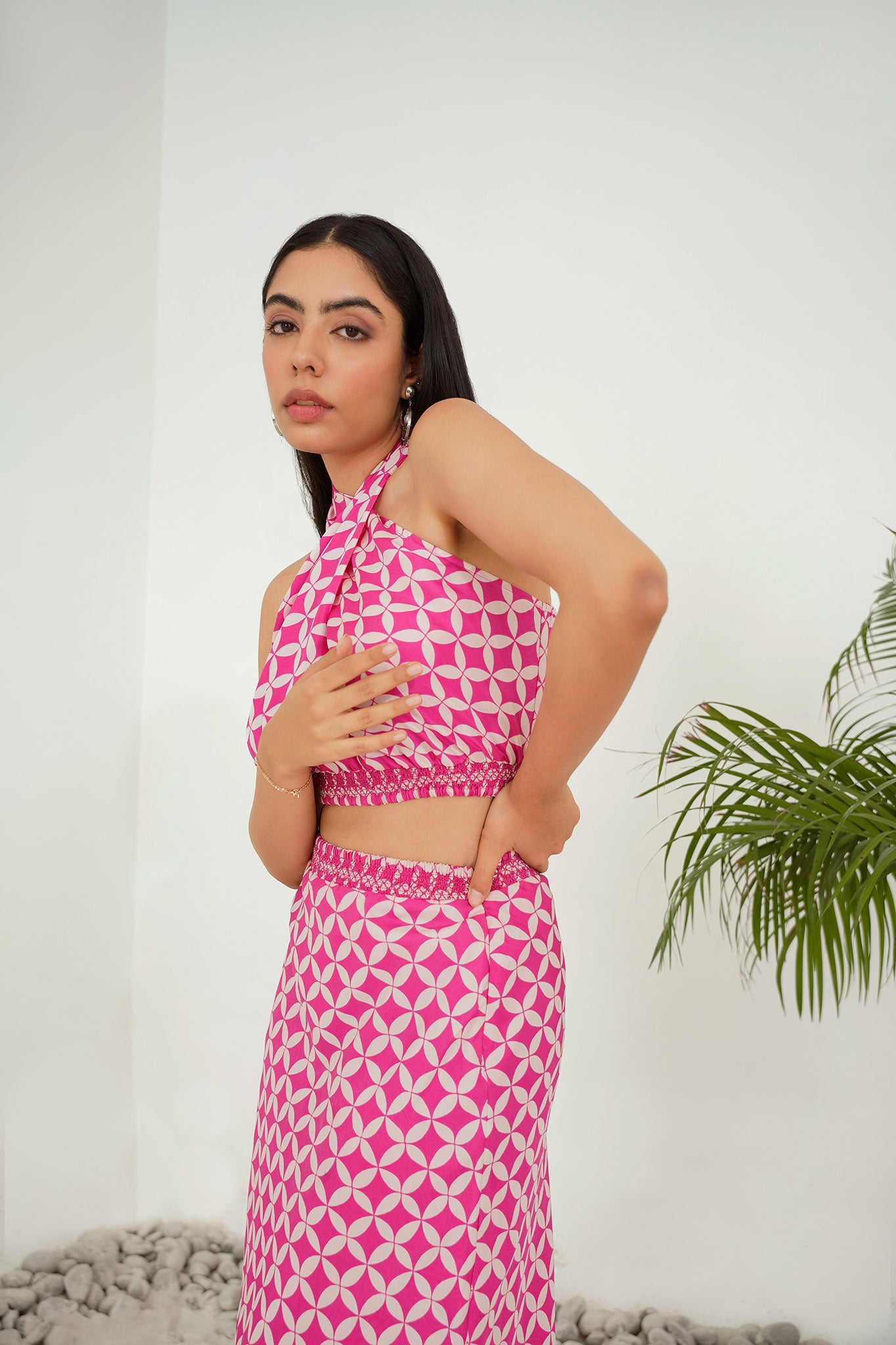 Geometric Pink Silk Skirt Set