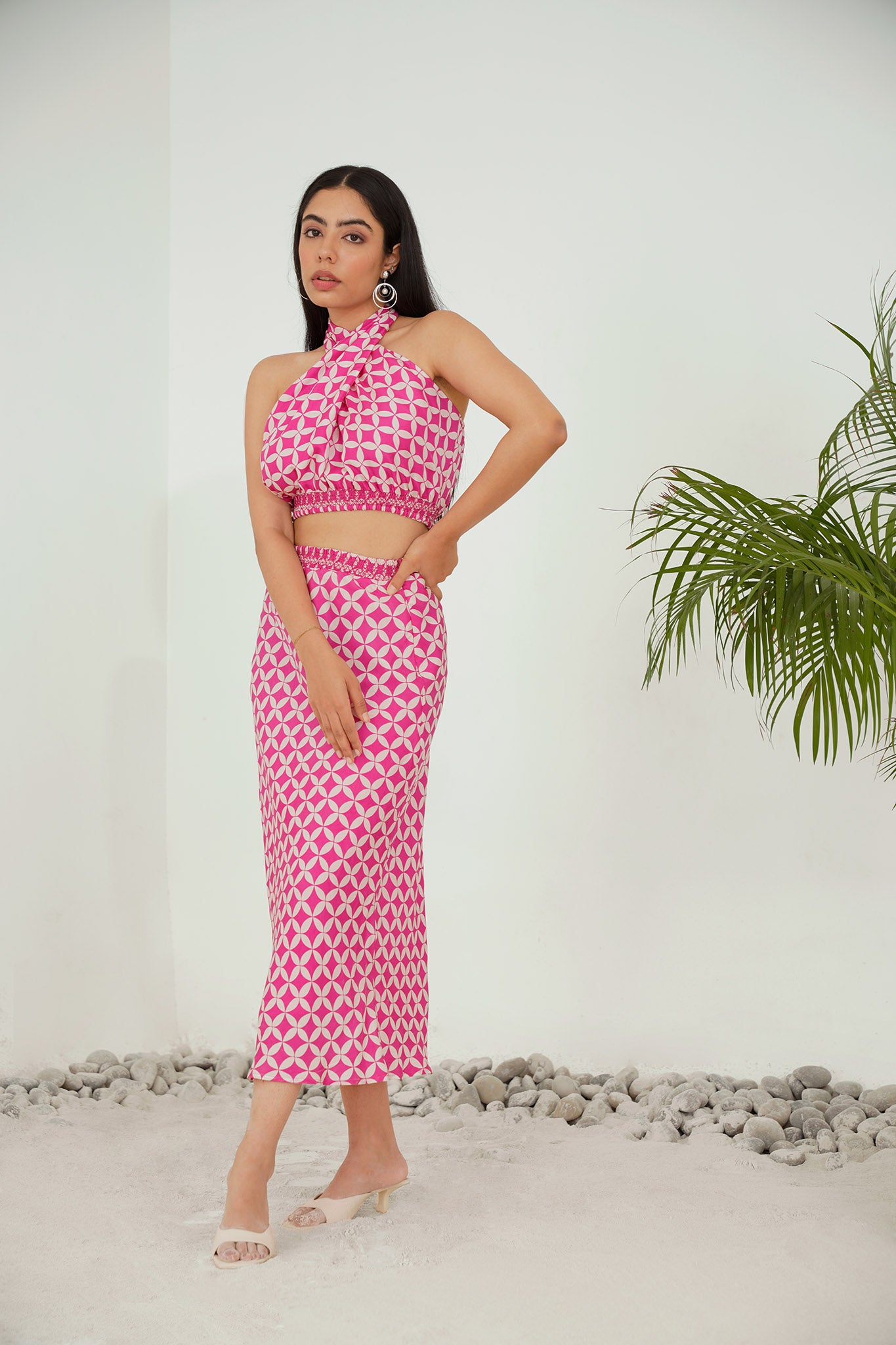 Geometric Pink Silk Skirt Set