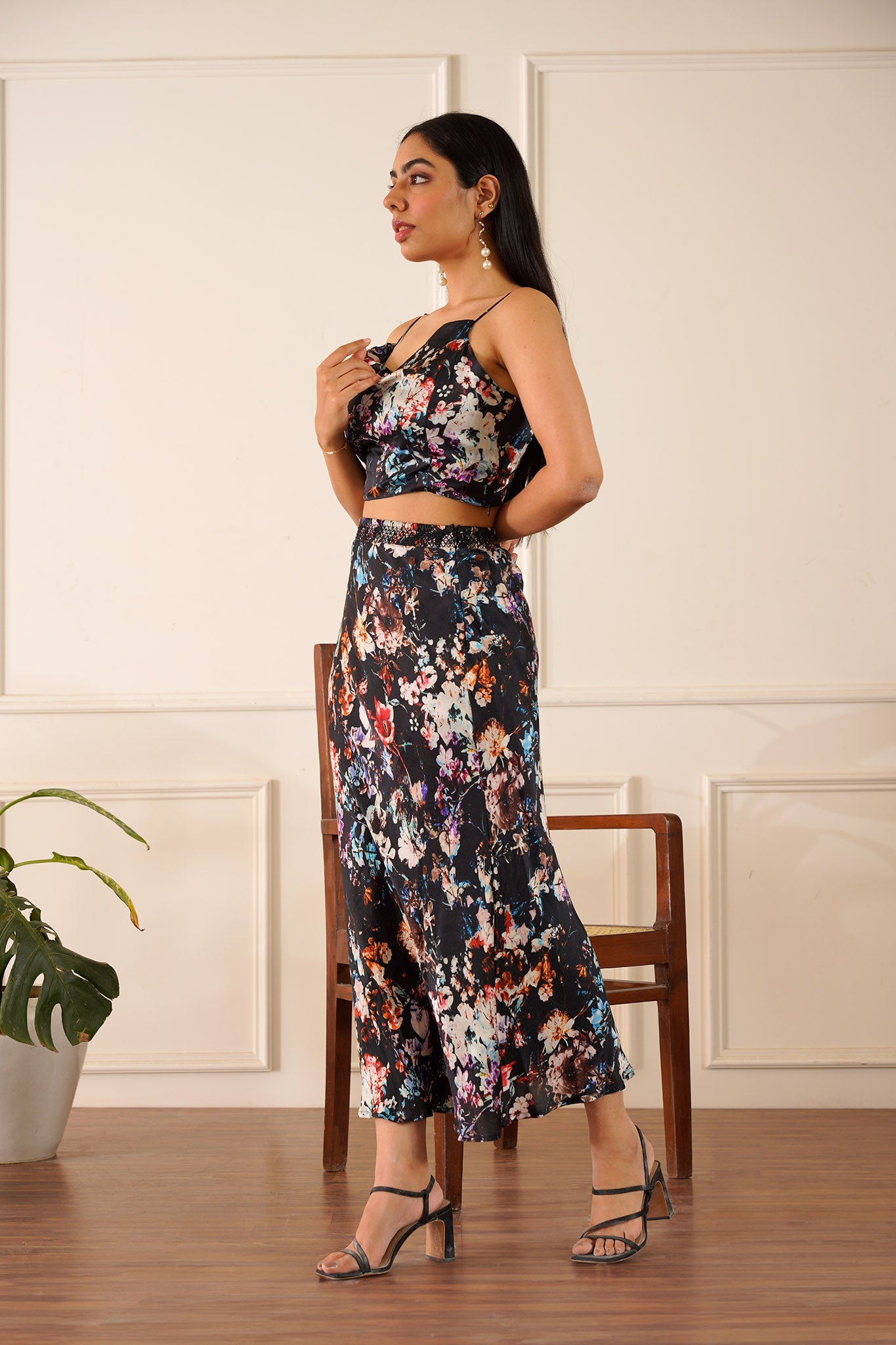 Wildflower Black Silk Skirt Set