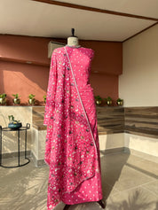 Mul Cotton Bandhej Thread-Embroidered Scallop Dupatta Suit Set