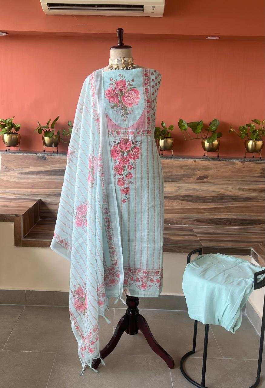 Linen Silk printed with pearl embellishment Suit