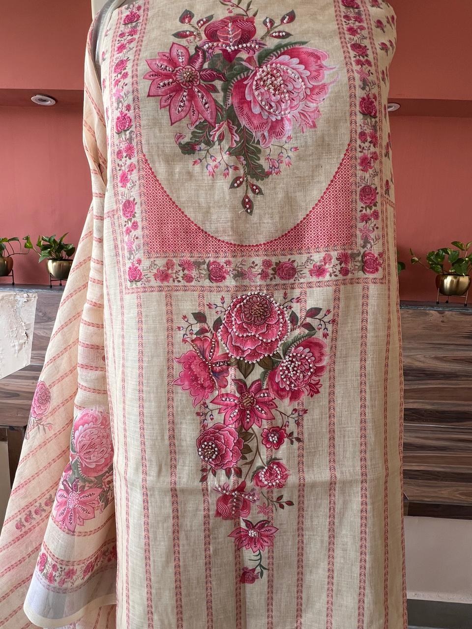 Linen Silk printed with pearl embellishment Suit