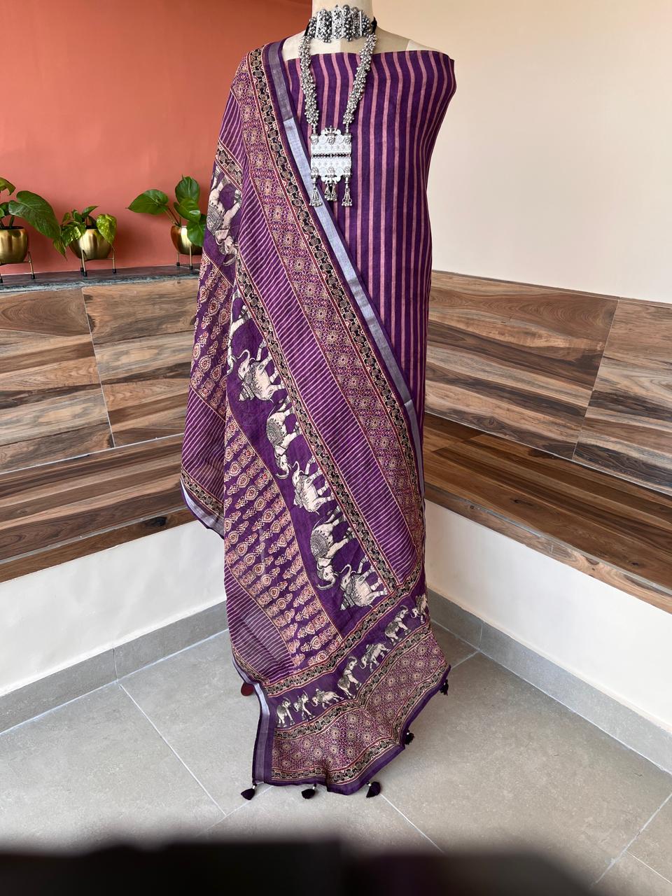 Pure Linen Handblock Ajrakh Printed Suit Set
