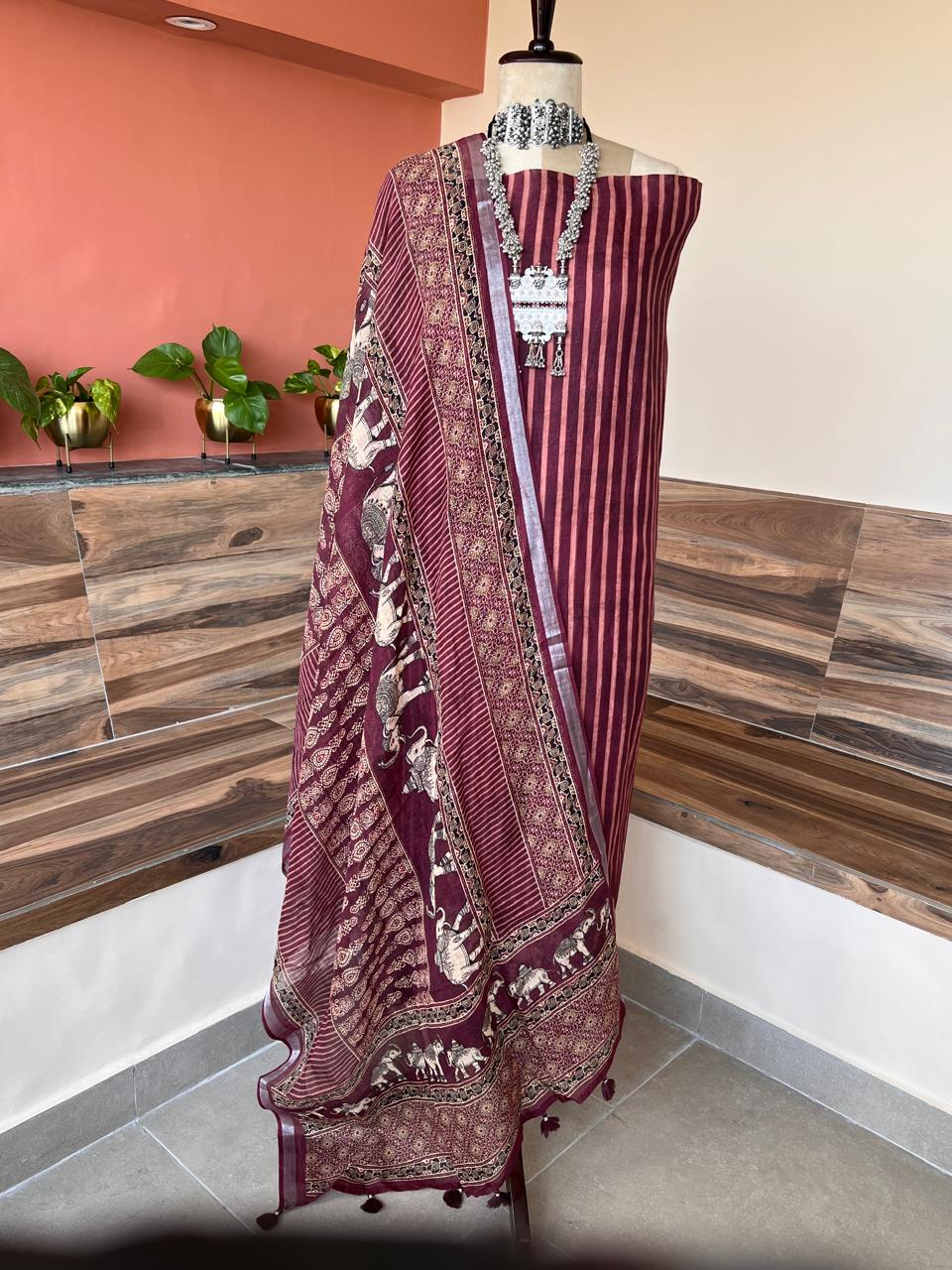 Pure Linen Handblock Ajrakh Printed Suit Set