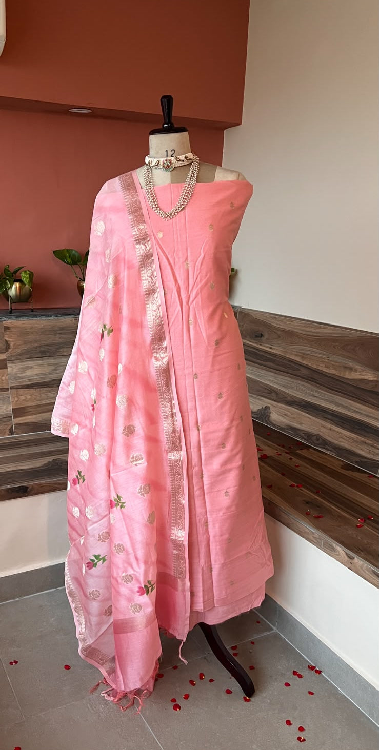 Pink Banarasi Chanderi Silk Zari Weaved Booti Suit Set