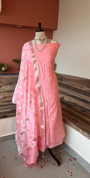 Pink Banarasi Chanderi Silk Zari Weaved Booti Suit Set