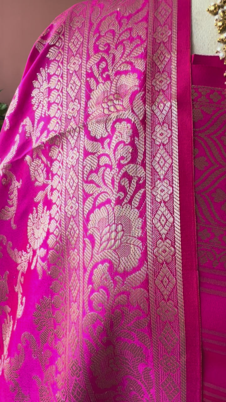 Banarsi Silk woven zari stripe 3 piece suit set