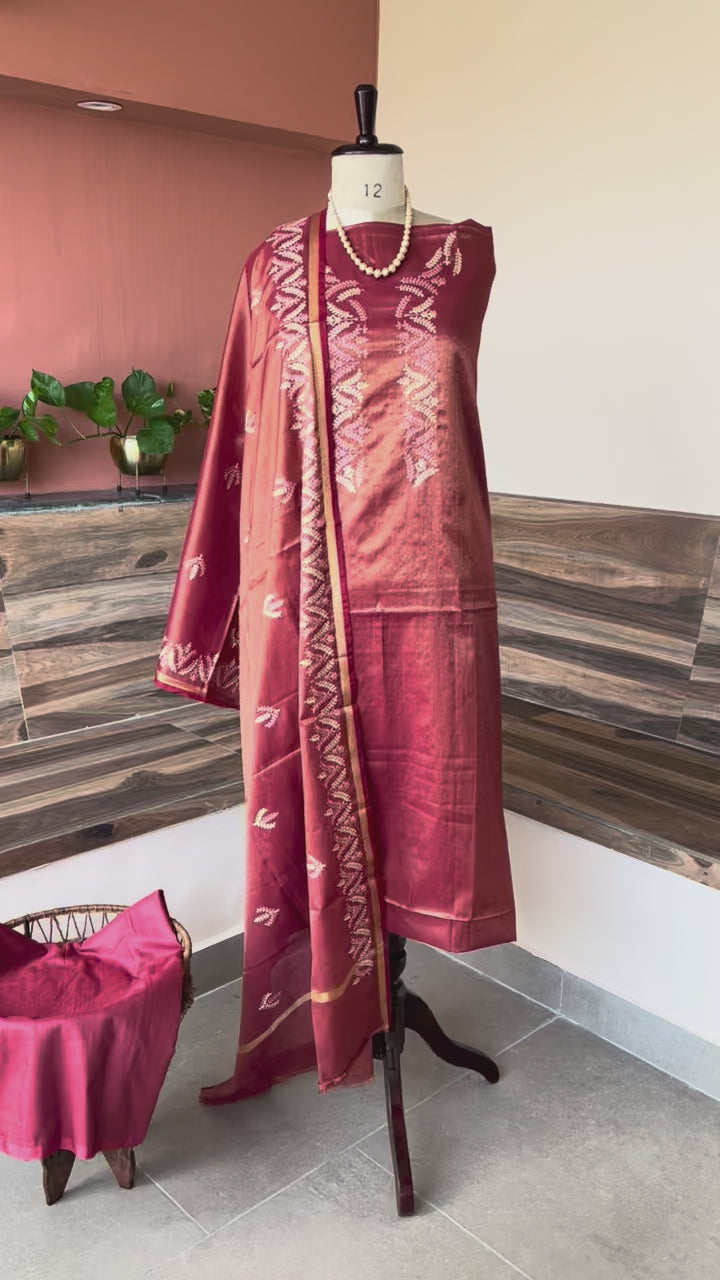 Banarsi tissue silk thread embroidery 3 piece suit set