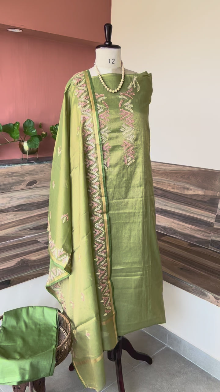 Banarsi tissue silk thread embroidery 3 piece suit set