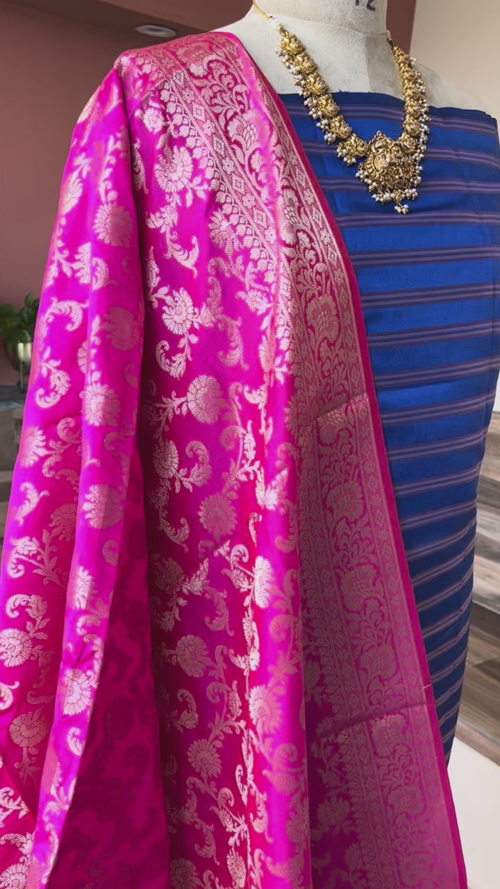 Banarsi Silk woven zari stripe 3 piece suit set