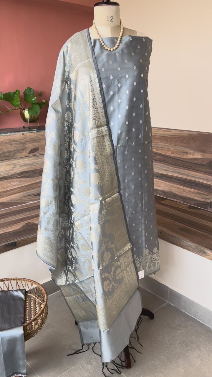 Banarsi Silk Floral Zari booty 3 piece suit set