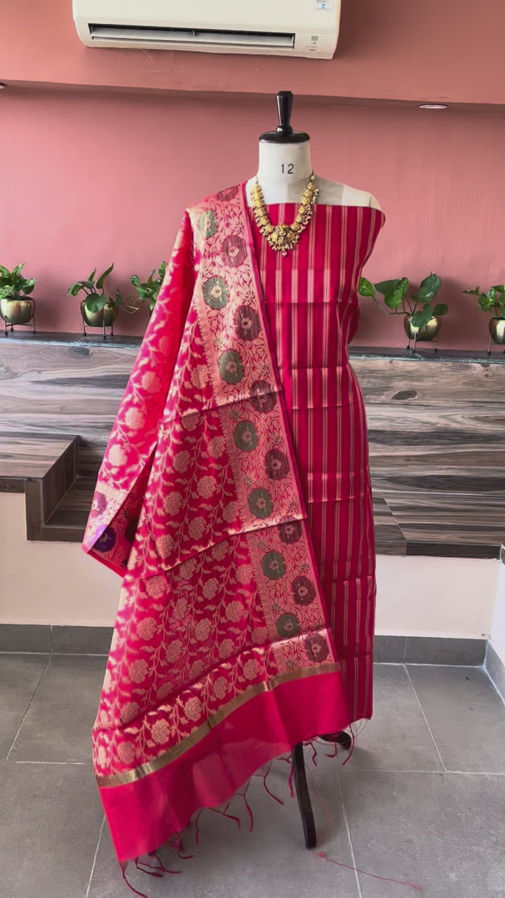 Banarsi Silk woven zari stripe 3 piece suit set