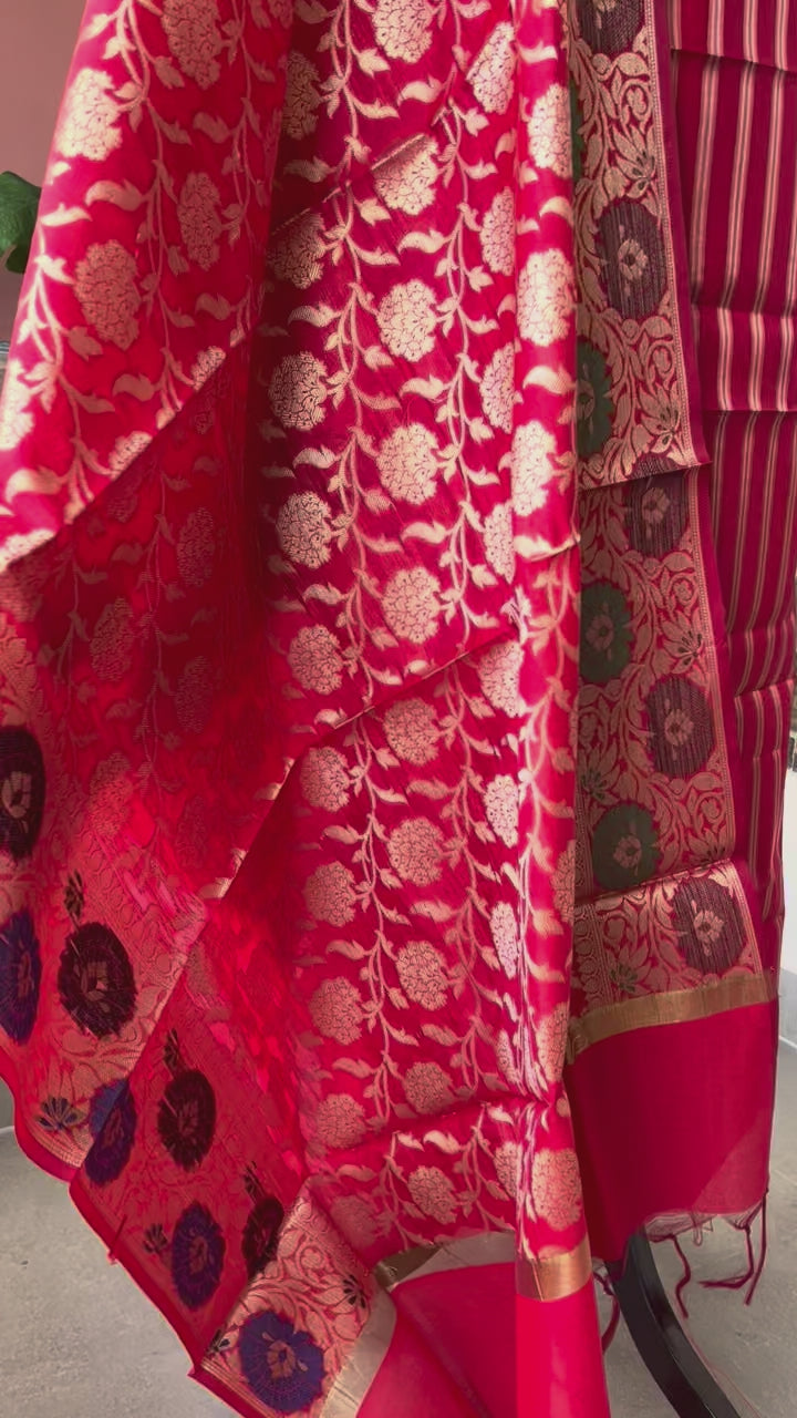 Banarsi Silk woven zari stripe 3 piece suit set