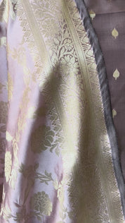 Dusty Mauve Banarsi Silk Floral Zari booty 3 piece suit set