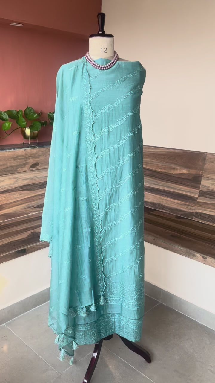 Blue Banarsi Mul chikankari 3 piece set