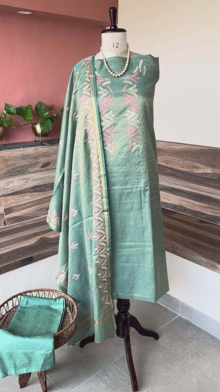 Banarsi tissue silk thread embroidery 3 piece suit set