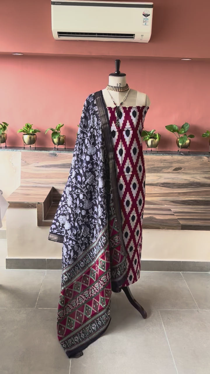 Maroon Maheshwari silk ikkat worli rpint