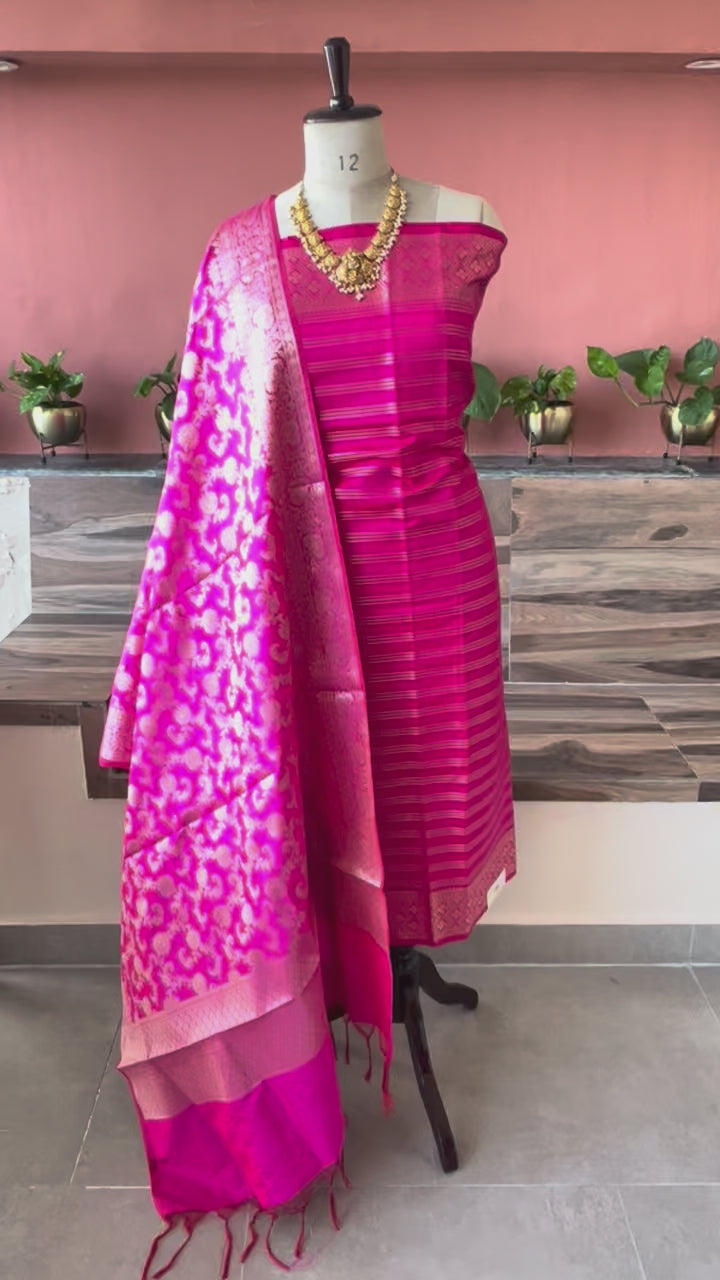 Banarsi Silk woven zari stripe 3 piece suit set